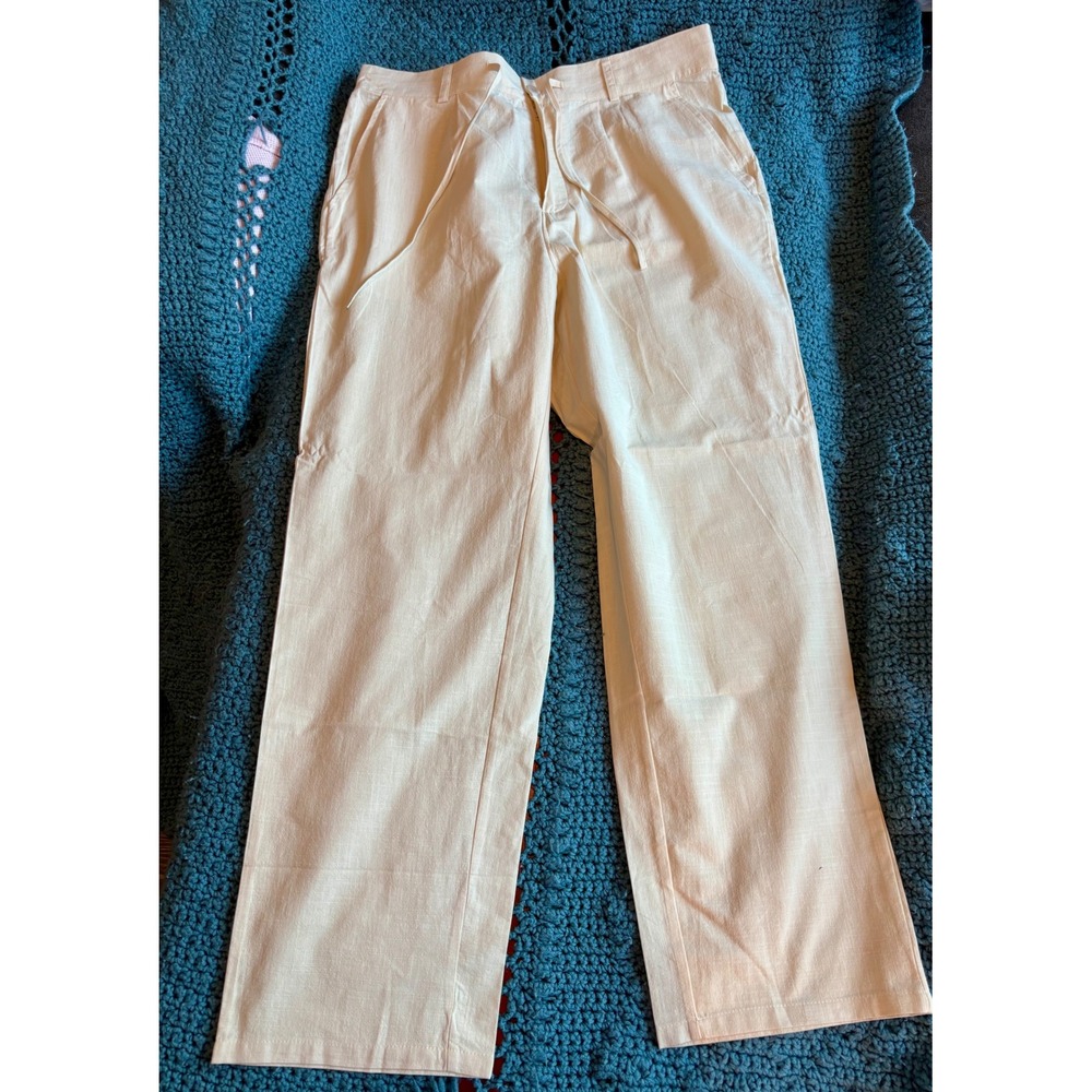 Runcati Mens Linen Blend Drawstring Pants Cream Straight Leg Summer Trousers NWT